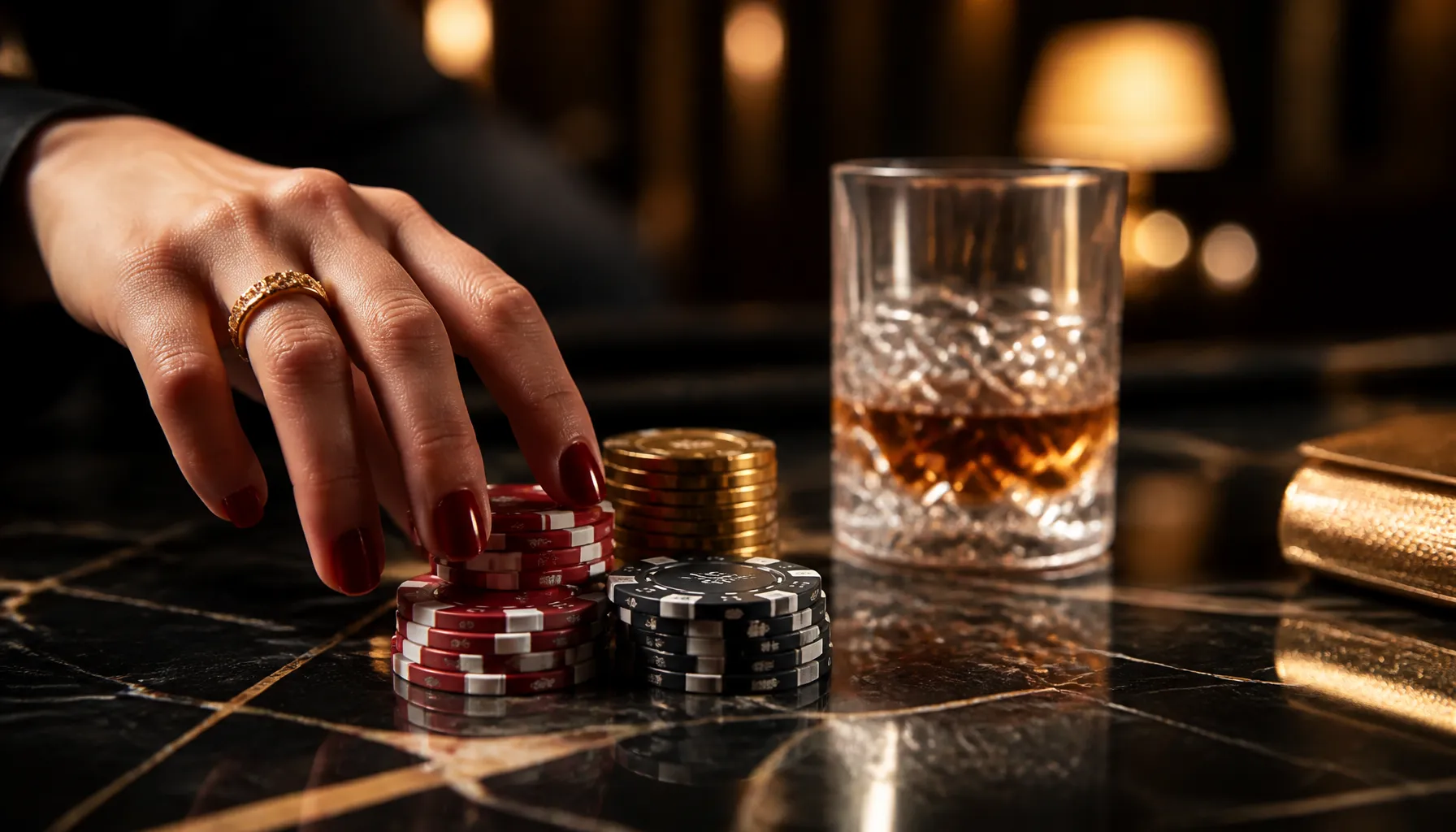 Fanned playing cards with gold accents resting on a dark velvet surface under warm cinematic light
