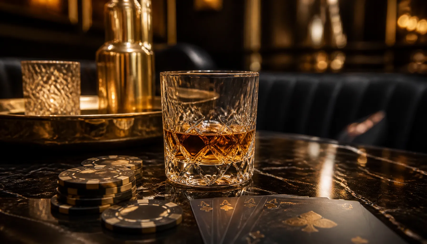 Fanned playing cards with gold accents resting on a dark velvet surface under warm cinematic light