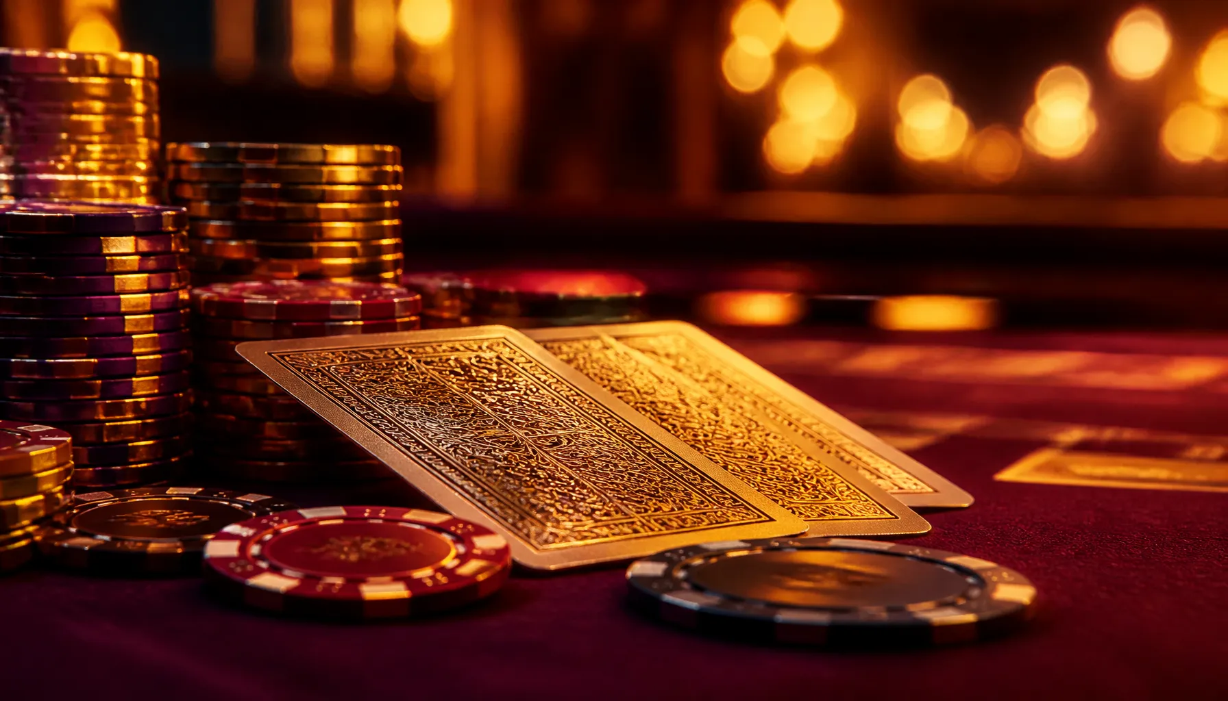 Fanned playing cards with gold accents resting on a dark velvet surface under warm cinematic light